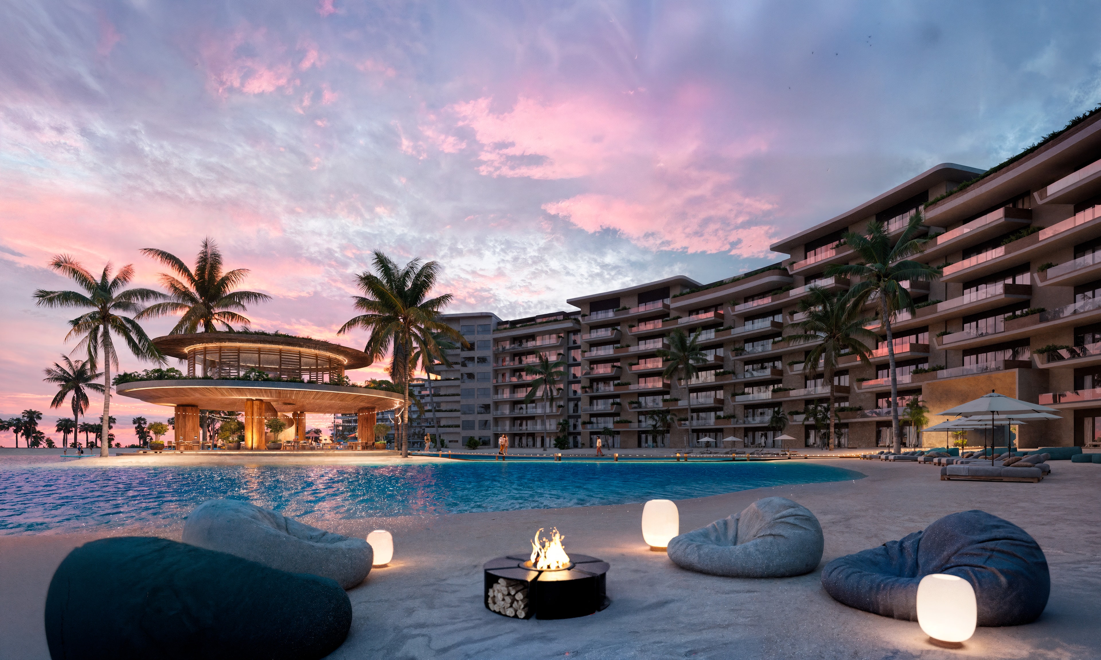 Luxurious beachfront terrace at sunset