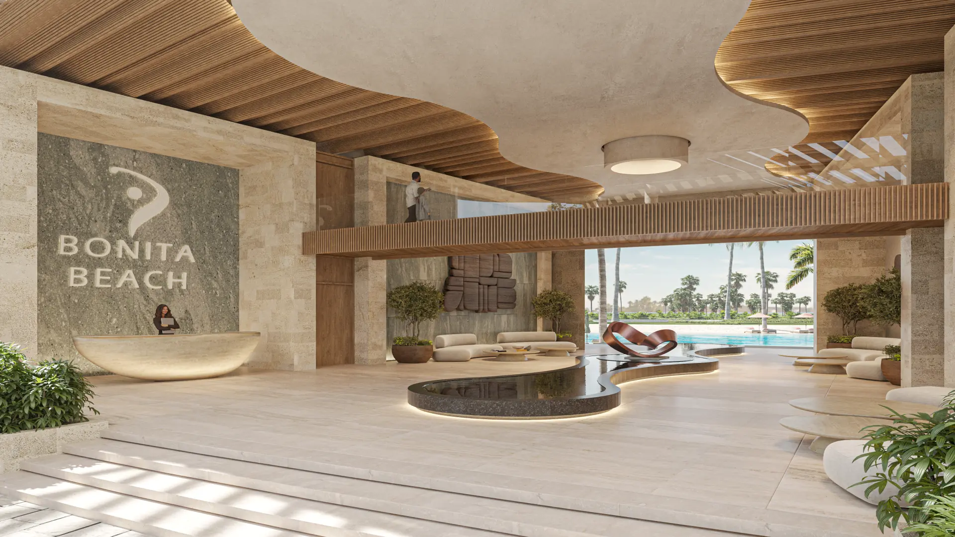 The Bonita Beach lobby: travertine walls, sculpted wood slat ceiling, a black reflecting pool, the lagoon beyond.
