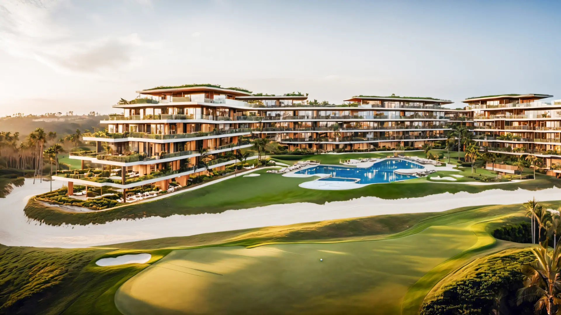 Bonita Golf from above at dusk: stepped residences with a pool, the fairway curving in front of them.