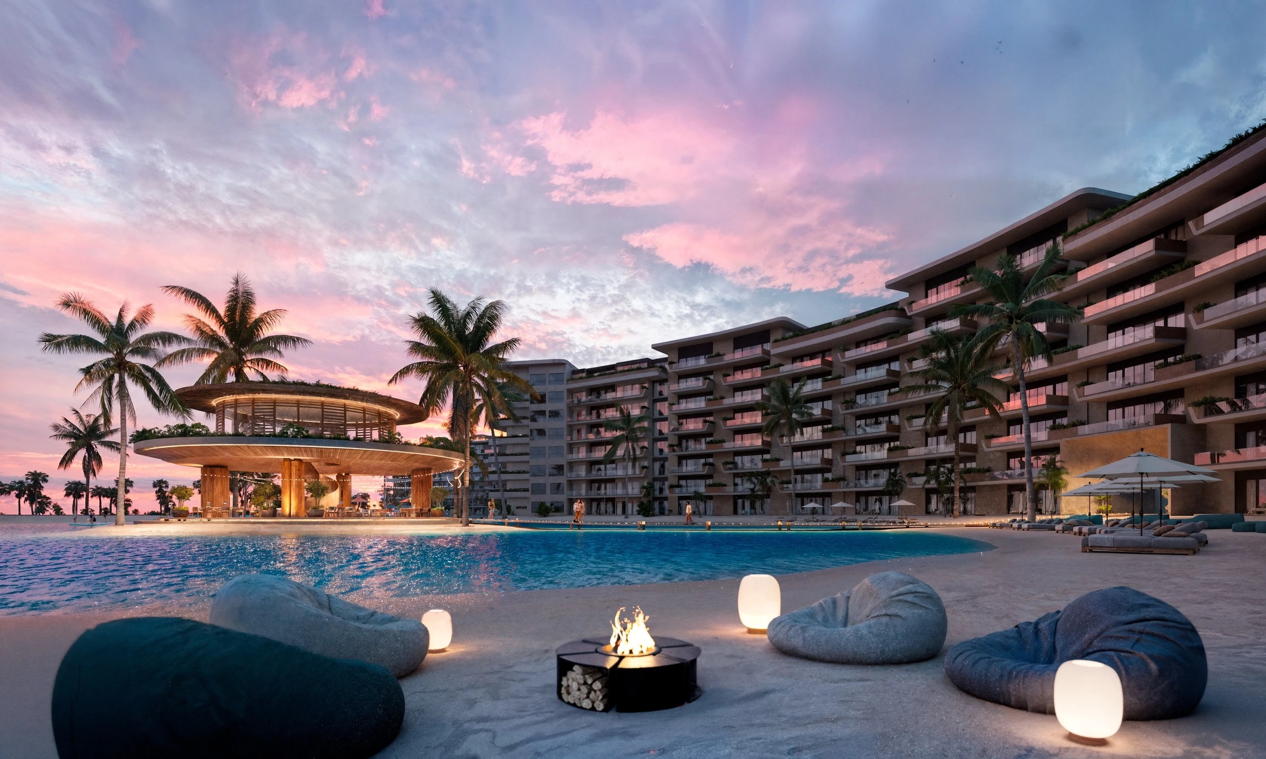 Luxurious beachfront terrace at sunset