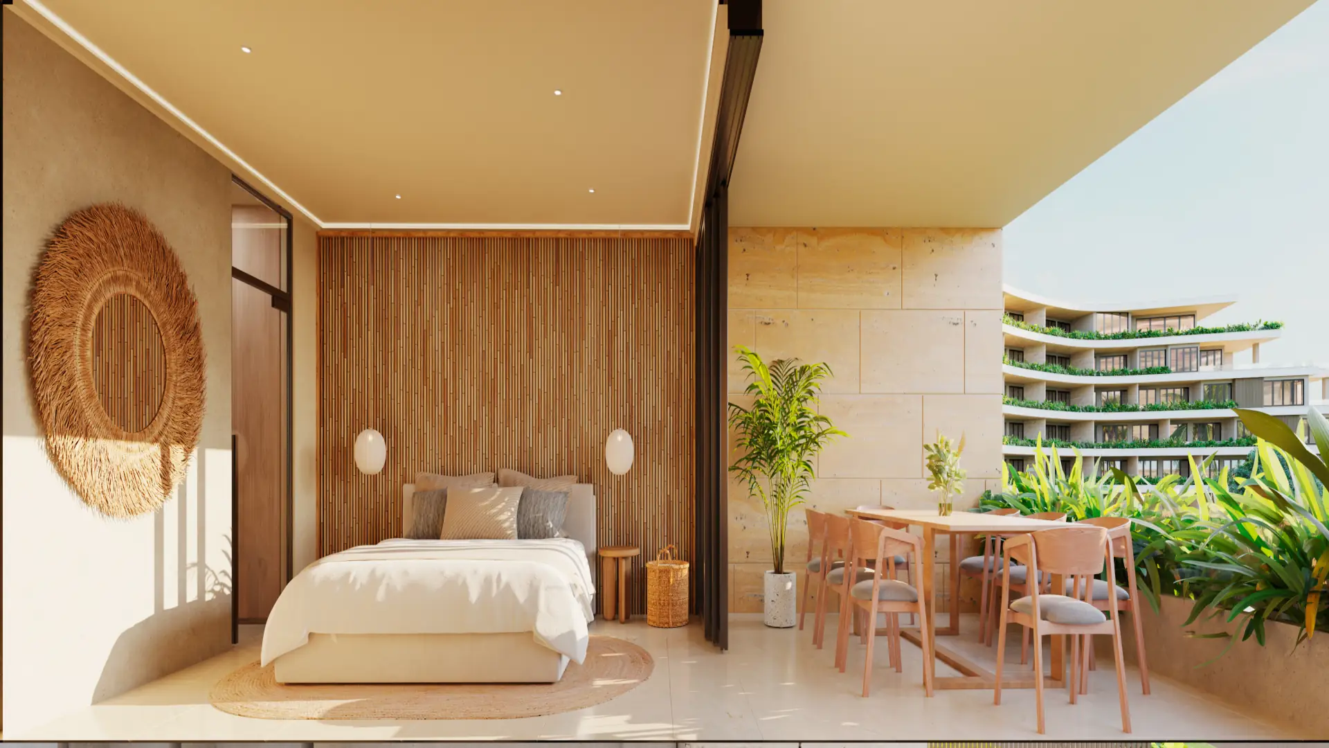A residence bedroom with a wide bed, wooden panelling and a terrace table, the building outside.